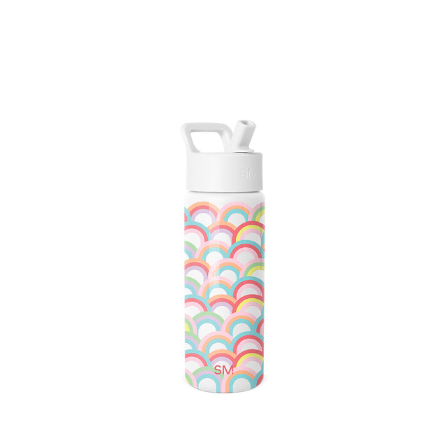 White insulated water bottle with rainbow scalloped pattern graphics, white carry handle and flip-lock cap, Simple Modern logo visible on cap and bottle body, studio photography on white background. White insulated water bottle with rainbow scalloped pattern graphics, white carry handle and flip-lock cap, Simple Modern logo visible on cap and bottle body, studio photography on white background.