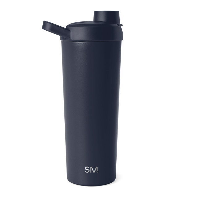 Deep navy blue cylindrical water bottle with matching cap and lid assembly Deep navy blue cylindrical water bottle with matching cap and lid assembly