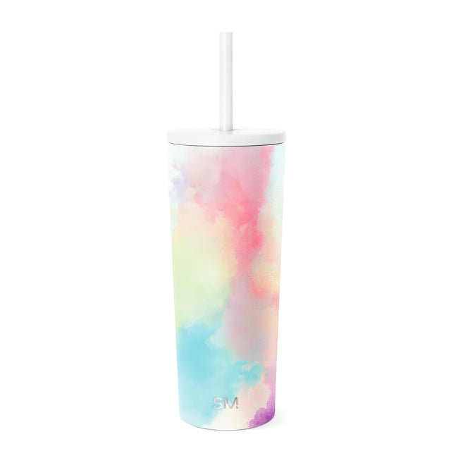 Insulated tumbler with white lid and straw featuring a soft watercolor gradient in pastel pink, blue, yellow, green, and lavender on a white background. Insulated tumbler with white lid and straw featuring a soft watercolor gradient in pastel pink, blue, yellow, green, and lavender on a white background.