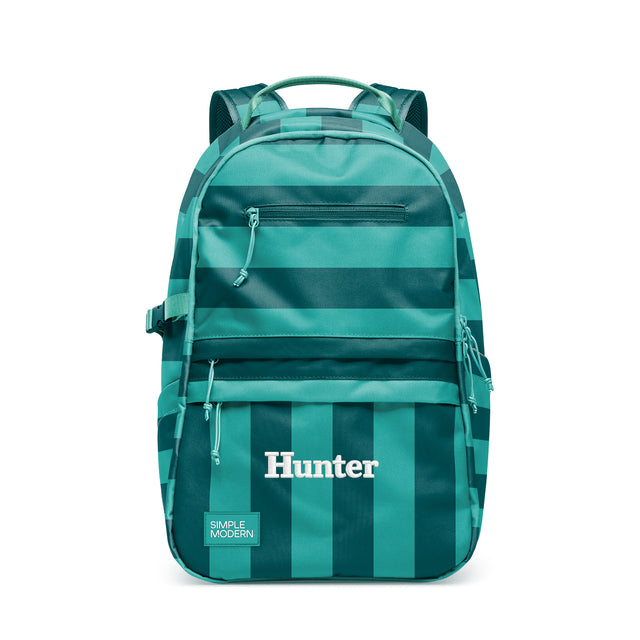 Teal and dark green striped multi-compartment backpack with padded straps, top handle, and front zippered pockets, shown against white background. Simple Modern Hunter model. Teal and dark green striped multi-compartment backpack with padded straps, top handle, and front zippered pockets, shown against white background. Simple Modern Hunter model.