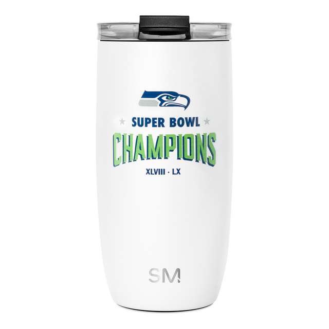 White insulated tumbler with black lid featuring Seattle Seahawks logo in navy blue and steel gray on white background White insulated tumbler with black lid featuring Seattle Seahawks logo in navy blue and steel gray on white background
