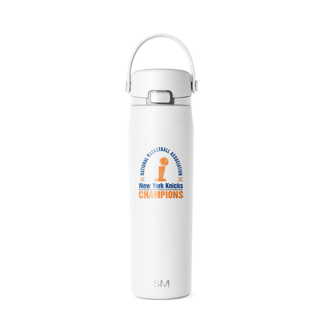 White insulated water bottle with carrying handle featuring New York Knicks Champions logo in blue and orange, NBA basketball trophy graphic, and gray SM logo on neutral background. White insulated water bottle with carrying handle featuring New York Knicks Champions logo in blue and orange, NBA basketball trophy graphic, and gray SM logo on neutral background.