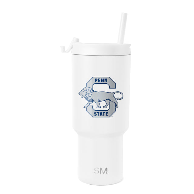 White insulated tumbler by Simple Modern with cylindrical shape, wide mouth opening, and white lid on light gray background. White insulated tumbler by Simple Modern with cylindrical shape, wide mouth opening, and white lid on light gray background.