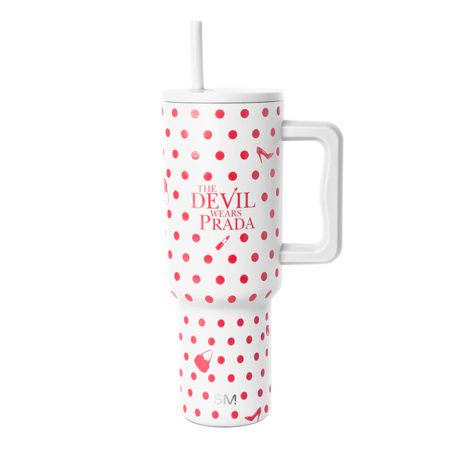 White 40-ounce insulated tumbler with hot pink and coral polka dots, White 40-ounce insulated tumbler with hot pink and coral polka dots,