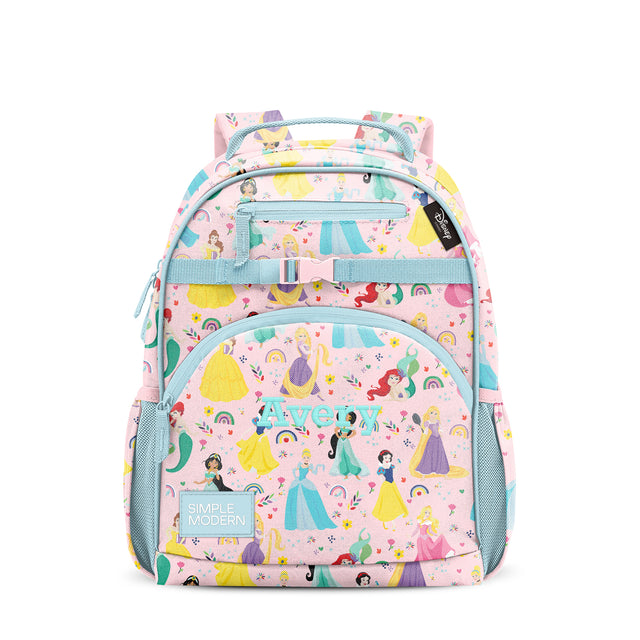 Pink Disney Princess children's backpack with turquoise straps, featuring multiple princesses in ball gowns, rainbows, stars, and castles. Multiple pockets with turquoise zippers and padded shoulder straps. Pink Disney Princess children's backpack with turquoise straps, featuring multiple princesses in ball gowns, rainbows, stars, and castles. Multiple pockets with turquoise zippers and padded shoulder straps.