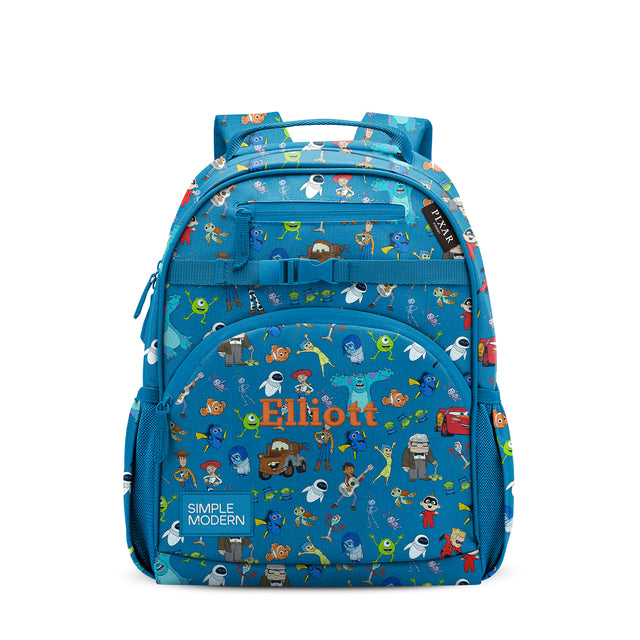 Bright blue Pixar character backpack with Nemo, Dory, Woody, and Buzz Lightyear graphics. Features multiple zippered compartments, padded straps, and Bright blue Pixar character backpack with Nemo, Dory, Woody, and Buzz Lightyear graphics. Features multiple zippered compartments, padded straps, and