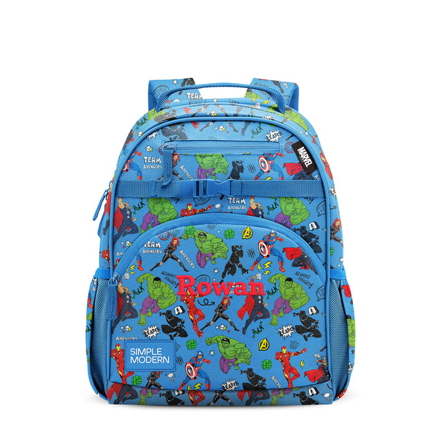 Blue Marvel Avengers backpack with padded straps, multiple compartments, and all-over print featuring Hulk, Iron Man, and Captain America. Labeled Blue Marvel Avengers backpack with padded straps, multiple compartments, and all-over print featuring Hulk, Iron Man, and Captain America. Labeled