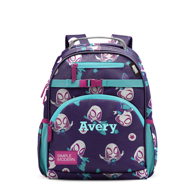 Purple children's backpack with turquoise and magenta accents, featuring Purple children's backpack with turquoise and magenta accents, featuring