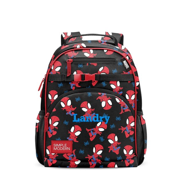 Black children's backpack with red and blue superhero character print, front zippered pocket, Black children's backpack with red and blue superhero character print, front zippered pocket,