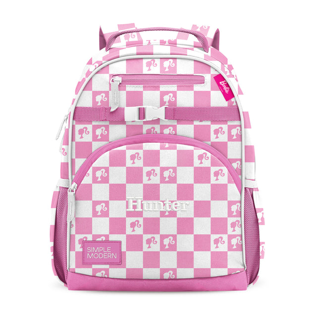 Pink and white children's backpack with purple horns on top, front zipper pockets, padded straps, carabiner clip, and Pink and white children's backpack with purple horns on top, front zipper pockets, padded straps, carabiner clip, and