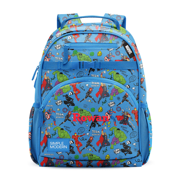 Blue Avengers backpack with Hulk, Iron Man, and other Marvel characters, personalized with Blue Avengers backpack with Hulk, Iron Man, and other Marvel characters, personalized with