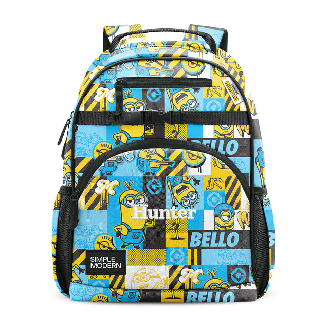 Yellow and light blue Minions backpack with patchwork design featuring character faces, striped patterns, black straps, mesh pockets, and front elastic pocket. Simple Modern brand label visible. Yellow and light blue Minions backpack with patchwork design featuring character faces, striped patterns, black straps, mesh pockets, and front elastic pocket. Simple Modern brand label visible.