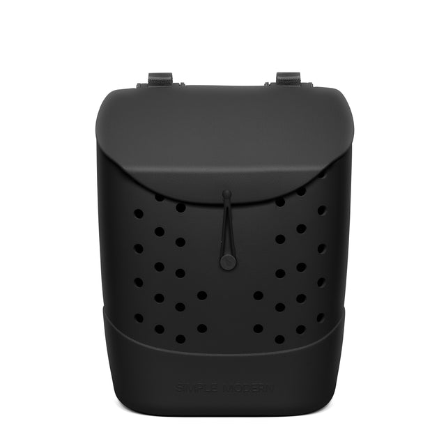 Black matte backpack with perforated front grid, rounded flap closure, drawstring toggle, padded shoulder straps, and Simple Modern logo on white background. Black matte backpack with perforated front grid, rounded flap closure, drawstring toggle, padded shoulder straps, and Simple Modern logo on white background.