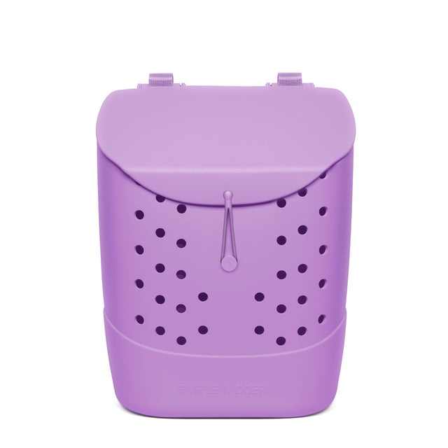 Lavender purple insulated bag with fabric straps, ventilation holes, drawstring closure, and Simple Modern branding, shown against white background. Lavender purple insulated bag with fabric straps, ventilation holes, drawstring closure, and Simple Modern branding, shown against white background.