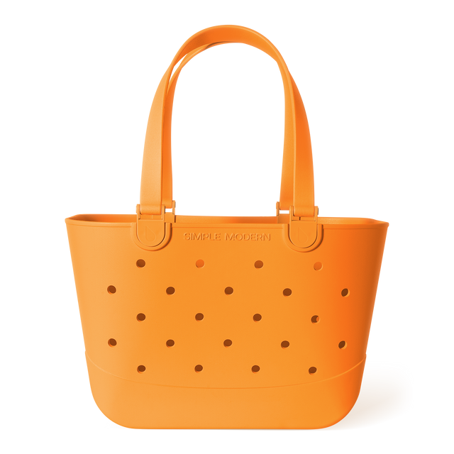 Orange tote bag with perforated ventilation holes, dual handles, and Orange tote bag with perforated ventilation holes, dual handles, and