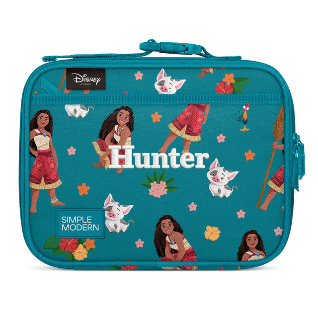 Teal insulated lunch box featuring Disney's Moana character artwork with tropical flowers, stars, and white cat designs. Includes teal carrying handle, side zippered pocket, and personalized Teal insulated lunch box featuring Disney's Moana character artwork with tropical flowers, stars, and white cat designs. Includes teal carrying handle, side zippered pocket, and personalized