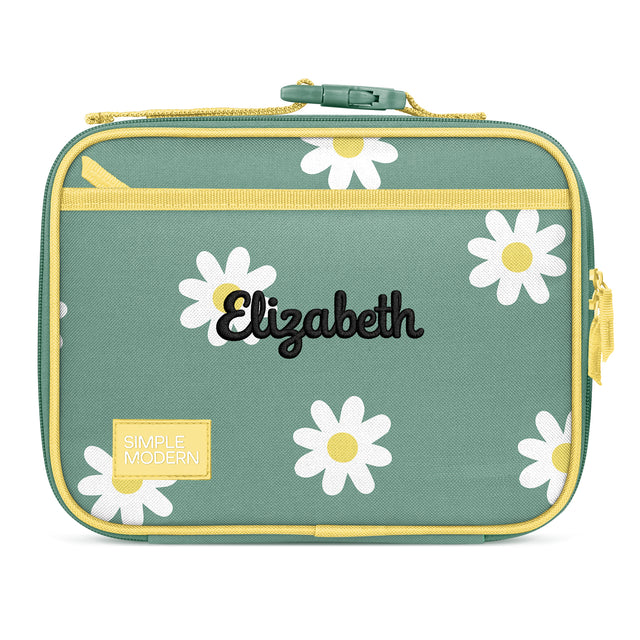 Sage green insulated lunch box with yellow trim, white daisy flowers, personalized Sage green insulated lunch box with yellow trim, white daisy flowers, personalized