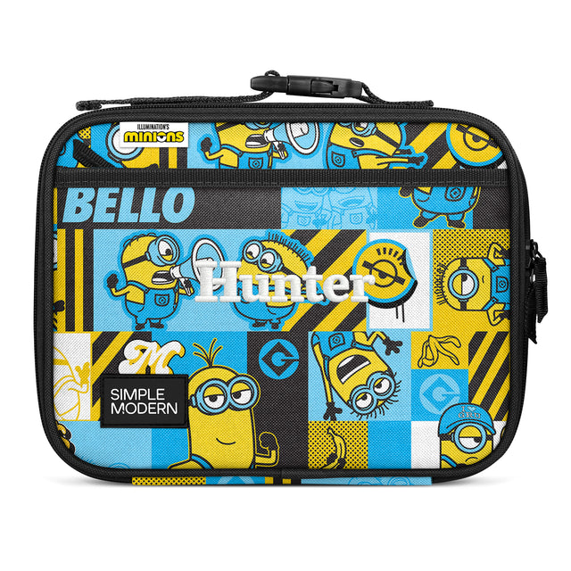Yellow and cyan Minions carrying case with black zipper and handle. Features cartoon characters with large eyes, Yellow and cyan Minions carrying case with black zipper and handle. Features cartoon characters with large eyes,