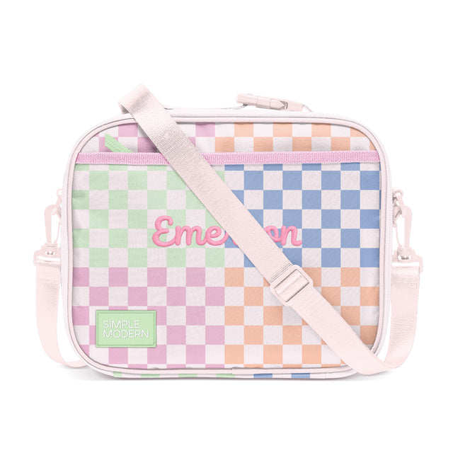 Pale pink insulated lunch bag with colorful checkered pattern, Pale pink insulated lunch bag with colorful checkered pattern,
