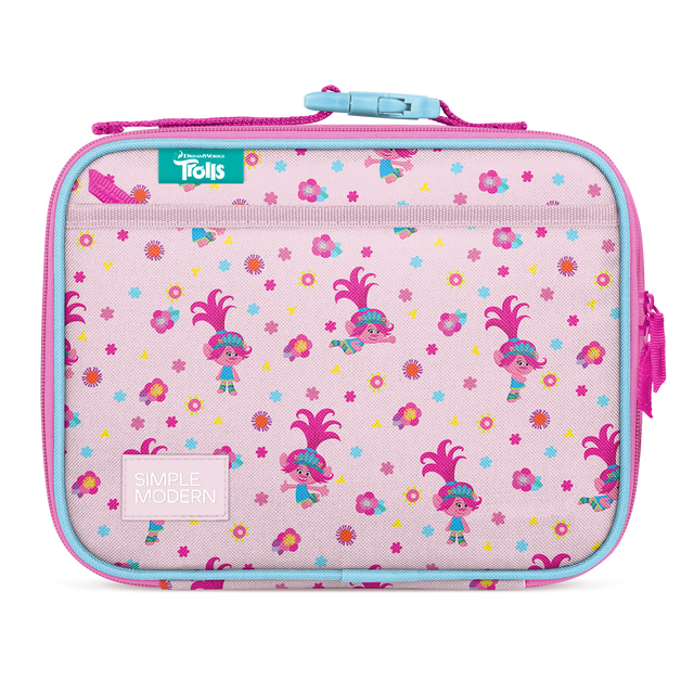 Pastel pink lunch box with magenta and turquoise trim and zipper pulls Pastel pink lunch box with magenta and turquoise trim and zipper pulls