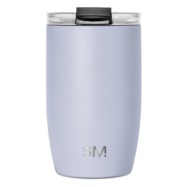 Periwinkle lavender-blue insulated tumbler with transparent clear plastic rim, black rubberized handle, and muted soft color finish. Periwinkle lavender-blue insulated tumbler with transparent clear plastic rim, black rubberized handle, and muted soft color finish.