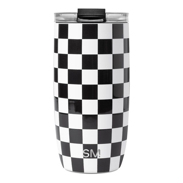 Black and white checkerboard insulated tumbler with black lid and transparent interior, photographed against white background. Simple Modern logo visible on body. Black and white checkerboard insulated tumbler with black lid and transparent interior, photographed against white background. Simple Modern logo visible on body.