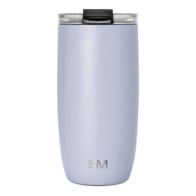 Soft periwinkle blue tumbler with matte black accents, modern minimalist design suitable for hot and cold beverages Soft periwinkle blue tumbler with matte black accents, modern minimalist design suitable for hot and cold beverages
