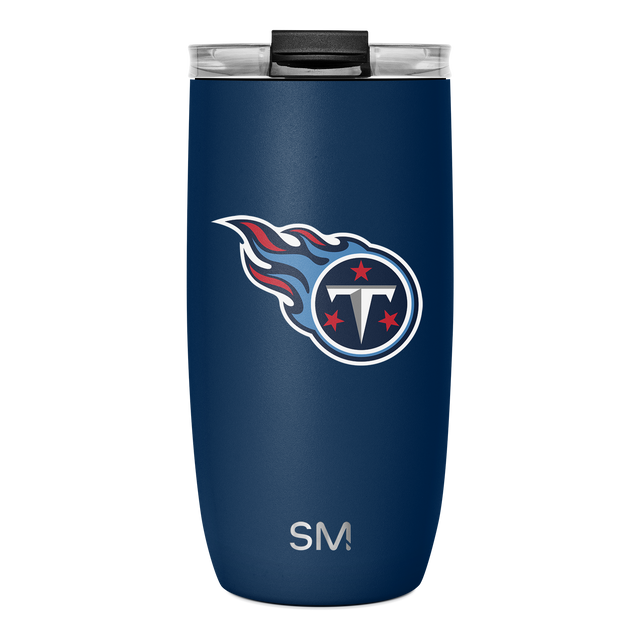 Deep navy blue tumbler with Tennessee Titans logo featuring red and white accents, including red stars and letter T design. Deep navy blue tumbler with Tennessee Titans logo featuring red and white accents, including red stars and letter T design.