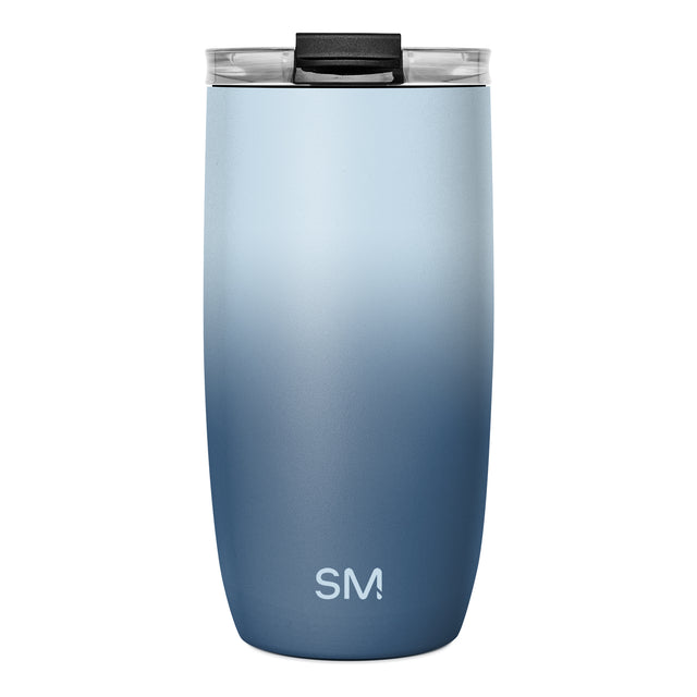Double-walled insulated tumbler with ombre gradient from pale blue to navy blue, black lid with clear rim, transparent side handles, and Simple Modern logo on lower body against white background. Double-walled insulated tumbler with ombre gradient from pale blue to navy blue, black lid with clear rim, transparent side handles, and Simple Modern logo on lower body against white background.