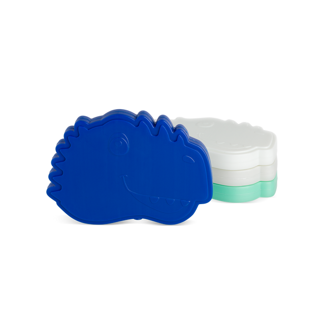 Vibrant royal blue dinosaur character figure against a white background with soft mint green accents, displayed from a front-facing angle. Vibrant royal blue dinosaur character figure against a white background with soft mint green accents, displayed from a front-facing angle.