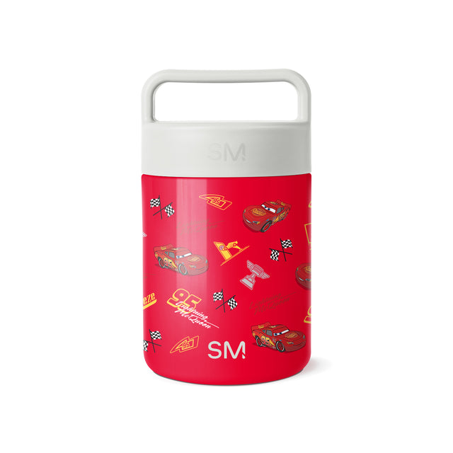 Simple Modern insulated food jar with white lid and handle, red body featuring Lightning McQueen Cars graphics, race cars, checkered flags, and yellow lightning bolts in an allover pattern. Simple Modern insulated food jar with white lid and handle, red body featuring Lightning McQueen Cars graphics, race cars, checkered flags, and yellow lightning bolts in an allover pattern.
