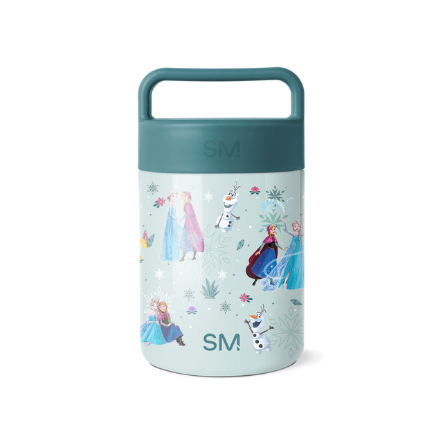Simple Modern insulated food jar with Frozen-themed design featuring Elsa, Anna, and Olaf characters, snowflakes, and botanical details in blue, teal, and pink on pale blue-gray cylindrical body with teal handle and lid. Simple Modern insulated food jar with Frozen-themed design featuring Elsa, Anna, and Olaf characters, snowflakes, and botanical details in blue, teal, and pink on pale blue-gray cylindrical body with teal handle and lid.