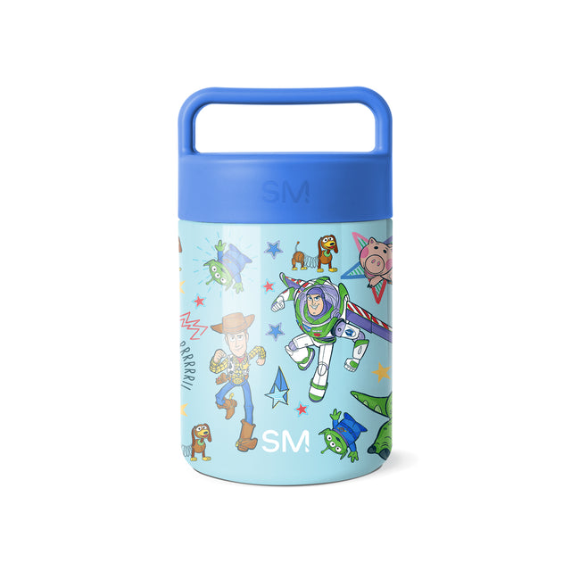 Simple Modern insulated food jar with cobalt blue lid and handle, featuring Toy Story characters including Buzz Lightyear, Woody, Hamm, and Slinky Dog on pale aqua-green body with scattered colorful stars. Simple Modern insulated food jar with cobalt blue lid and handle, featuring Toy Story characters including Buzz Lightyear, Woody, Hamm, and Slinky Dog on pale aqua-green body with scattered colorful stars.