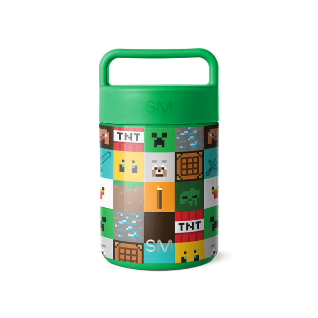 Minecraft-themed cylindrical food container with kelly green lid and carry handle, featuring pixelated collage of game elements including TNT blocks, creepers, and pixel characters on the body. Minecraft-themed cylindrical food container with kelly green lid and carry handle, featuring pixelated collage of game elements including TNT blocks, creepers, and pixel characters on the body.