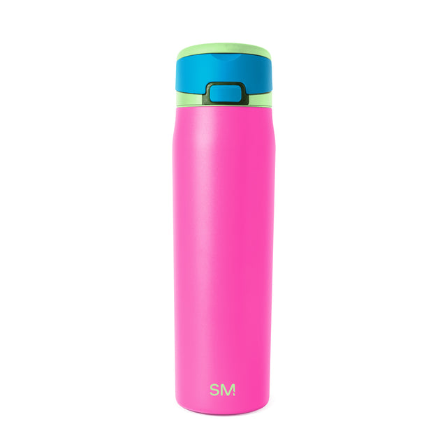 Hot pink insulated water bottle with turquoise upper band, lime green accent stripe, and dark gray lid with carrying loop. Simple Modern logo in lime green on lower body. White background. Hot pink insulated water bottle with turquoise upper band, lime green accent stripe, and dark gray lid with carrying loop. Simple Modern logo in lime green on lower body. White background.