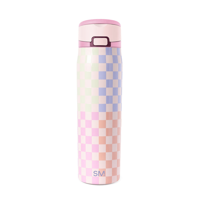 Simple Modern 24oz insulated water bottle with pink lid, featuring a soft pastel checkerboard pattern in pink, lavender blue, beige, and mint green, displayed against white background. Simple Modern 24oz insulated water bottle with pink lid, featuring a soft pastel checkerboard pattern in pink, lavender blue, beige, and mint green, displayed against white background.