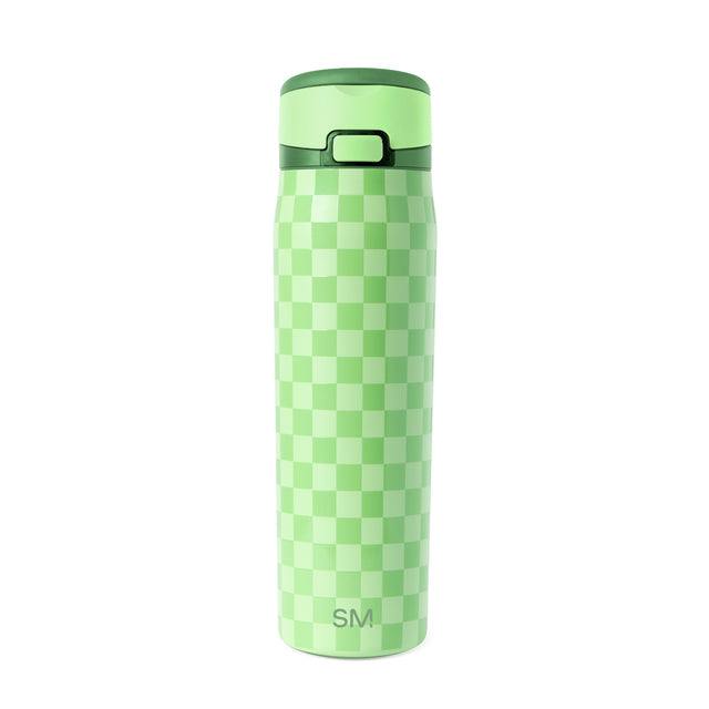 Mint green insulated water bottle with cream checkerboard pattern, dark green lid and handle, featuring Simple Modern SM logo on white background. Mint green insulated water bottle with cream checkerboard pattern, dark green lid and handle, featuring Simple Modern SM logo on white background.