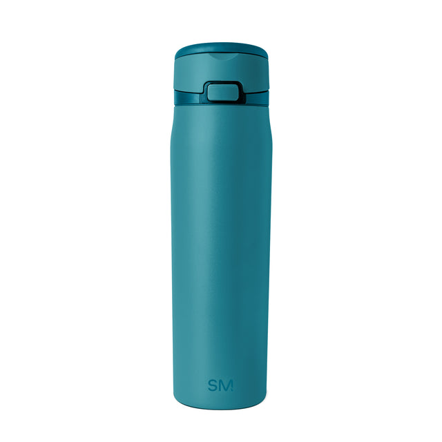 Teal water bottle with dark navy lid and SM logo, front view Teal water bottle with dark navy lid and SM logo, front view