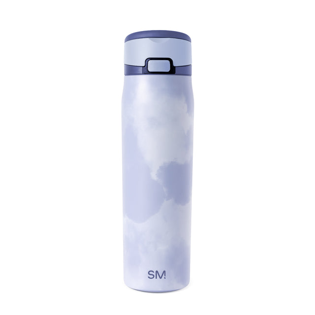Periwinkle insulated water bottle with abstract gray and white cloud pattern, navy blue lid with handle, and SM logo. Studio shot on white background. Periwinkle insulated water bottle with abstract gray and white cloud pattern, navy blue lid with handle, and SM logo. Studio shot on white background.