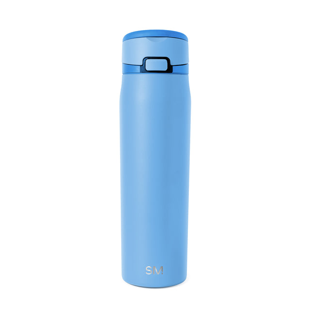 Light periwinkle blue water bottle with navy blue cap and band on white background Light periwinkle blue water bottle with navy blue cap and band on white background