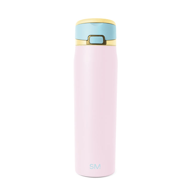 Simple Modern insulated water bottle with soft pink body, light blue lid section, cream top, and gold metal accents against white background. Simple Modern insulated water bottle with soft pink body, light blue lid section, cream top, and gold metal accents against white background.