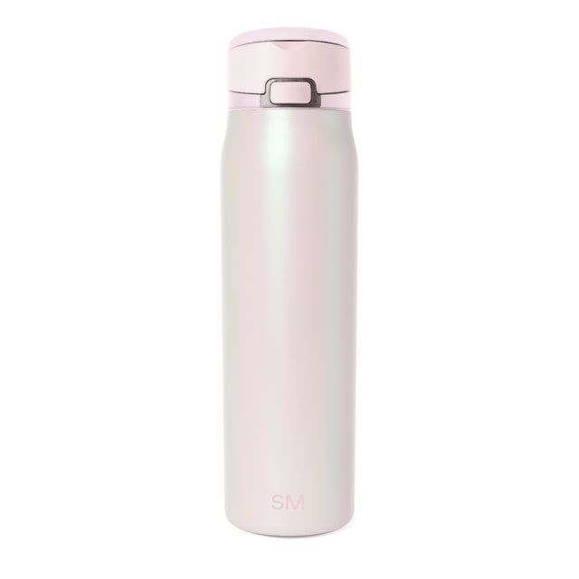 Pale pink insulated water bottle with gray lid and Simple Modern logo, centered on white background. Pale pink insulated water bottle with gray lid and Simple Modern logo, centered on white background.