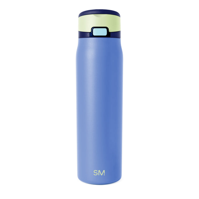 Periwinkle blue insulated tumbler with pale sage green upper lid band and dark navy blue lower lid band Periwinkle blue insulated tumbler with pale sage green upper lid band and dark navy blue lower lid band