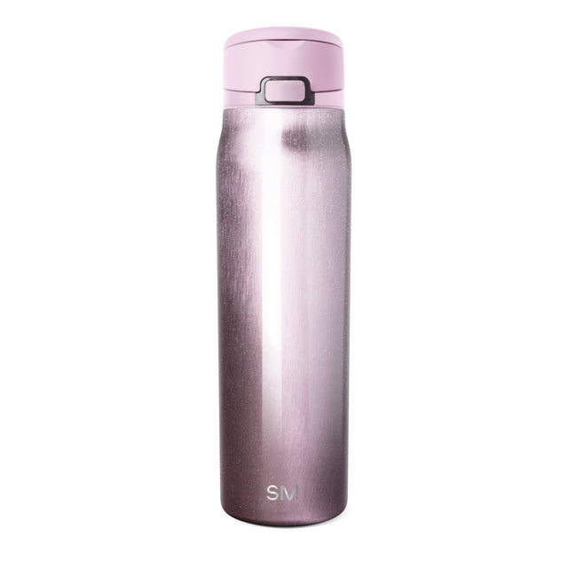 Tall insulated water bottle with pink-to-gray ombre gradient, matte light pink lid with black toggle button, brushed metallic finish, SM logo on lower body, centered on white background. Tall insulated water bottle with pink-to-gray ombre gradient, matte light pink lid with black toggle button, brushed metallic finish, SM logo on lower body, centered on white background.