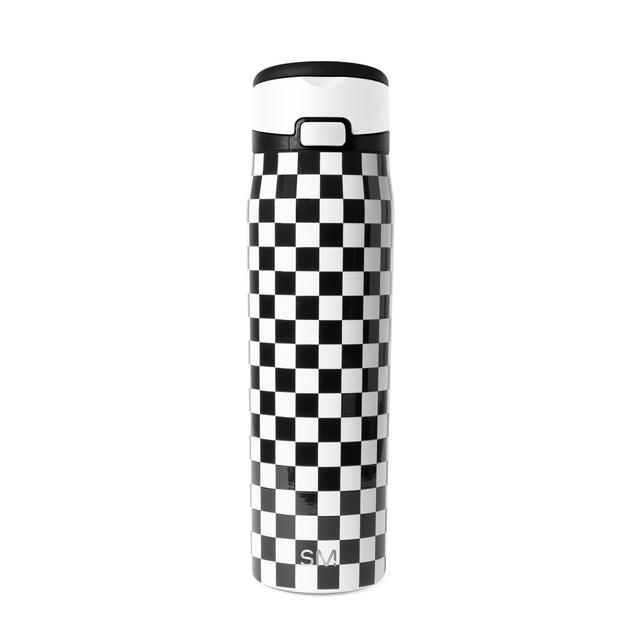 Black and white checkerboard insulated water bottle with black lid and carrying handle. Simple Modern logo on lower section. Studio product photo on white background. Black and white checkerboard insulated water bottle with black lid and carrying handle. Simple Modern logo on lower section. Studio product photo on white background.