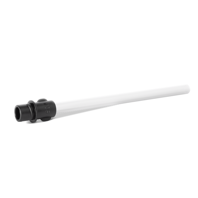 White reusable straw with black cap and connector piece against light gray background White reusable straw with black cap and connector piece against light gray background