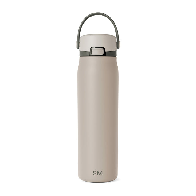 Beige stainless steel water bottle with sage green handle, band, and accent trim Beige stainless steel water bottle with sage green handle, band, and accent trim