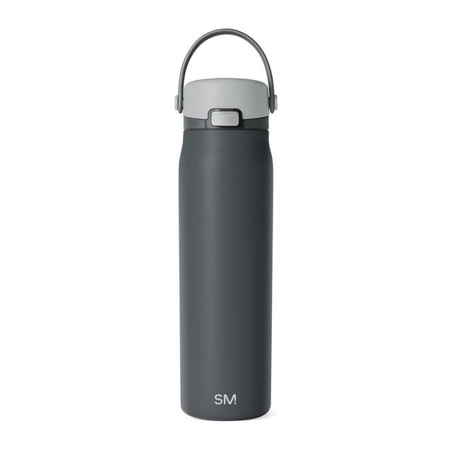 Charcoal gray modern water bottle with lighter gray lid and handle on neutral background Charcoal gray modern water bottle with lighter gray lid and handle on neutral background