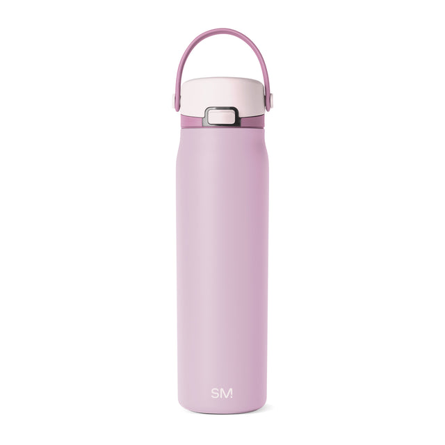 Tall insulated water bottle in soft mauve pink with cream-colored top and rounded cap, cylindrical body with flat bottom, displayed against white background Tall insulated water bottle in soft mauve pink with cream-colored top and rounded cap, cylindrical body with flat bottom, displayed against white background
