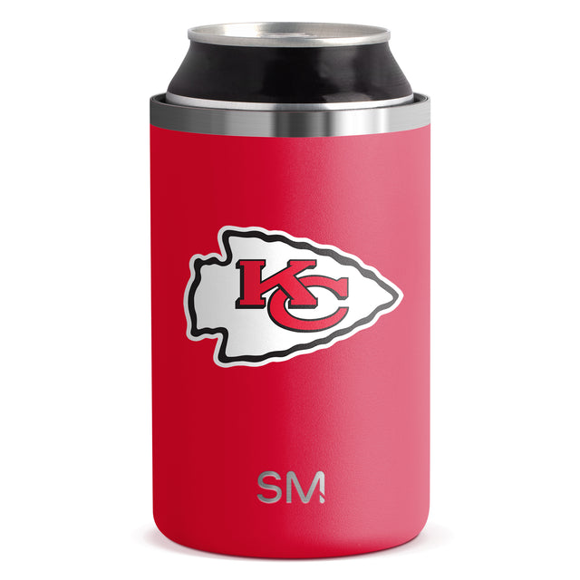 Red can cooler with stainless steel silver rim and base, featuring black interior insulation material Red can cooler with stainless steel silver rim and base, featuring black interior insulation material
